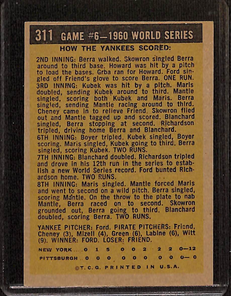 FIINR Baseball Card 1960 Topps World Series Game 6 Vintage Baseball Card Between The Pittsburgh Pirates and NY Yankees #311 - Mint Condition