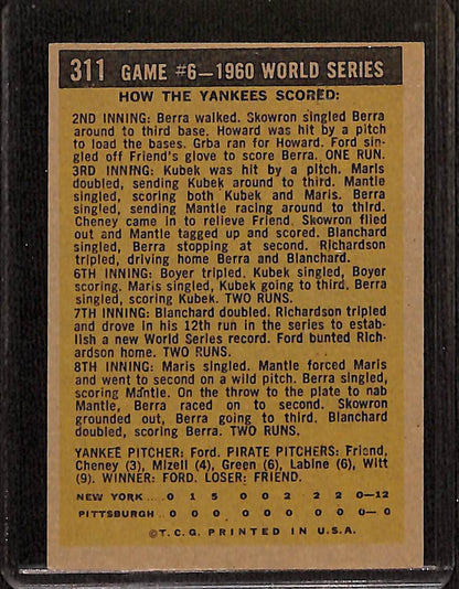 FIINR Baseball Card 1960 Topps World Series Game 6 Vintage Baseball Card Between The Pittsburgh Pirates and NY Yankees #311 - Mint Condition