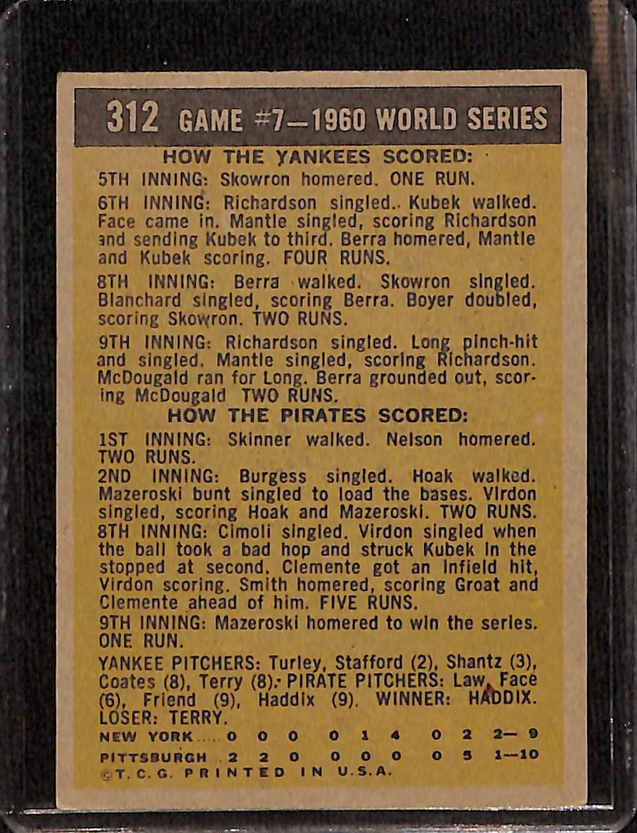 FIINR Baseball Card 1960 Topps World Series Game 7 Vintage Baseball Card Between The Pittsburgh Pirates and NY Yankees #312 - Mint Condition