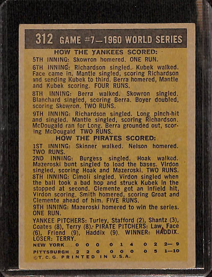 FIINR Baseball Card 1960 Topps World Series Game 7 Vintage Baseball Card Between The Pittsburgh Pirates and NY Yankees #312 - Mint Condition