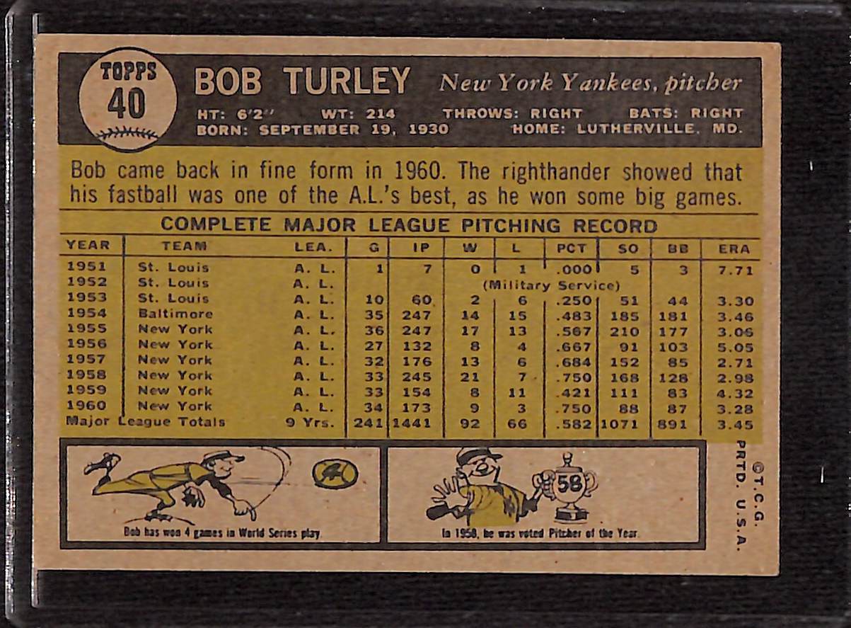 FIINR Baseball Card 1961 Topps Bob Turley Vintage Baseball Card #40 - Mint Condition