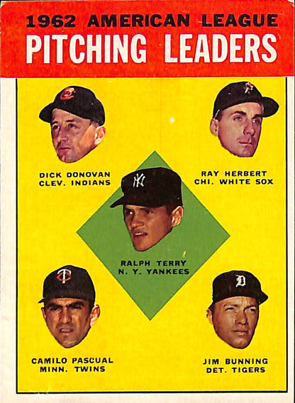 FIINR Baseball Card 1962 Topps Pitching Leaders Vintage Baseball Card - Dick Donovan - Ray Herbert - Ralph Terry - Camilo Pascual - Jim Bunning  #8 - Mint Condition