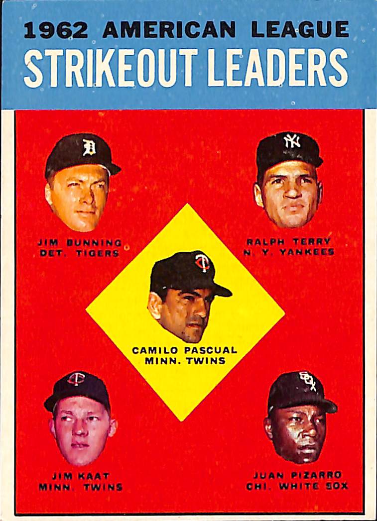 FIINR Baseball Card 1962 Topps Strikeout Leaders Vintage Baseball Card - Jim Bunning - Ralph Terry - Camilo Pascual - Juan Fitzgerald - Jim Kaat #10 - Mint Condition