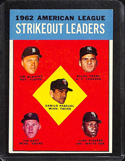 FIINR Baseball Card 1962 Topps Strikeout Leaders Vintage Baseball Card - Jim Bunning - Ralph Terry - Camilo Pascual - Juan Fitzgerald - Jim Kaat #10 - Mint Condition