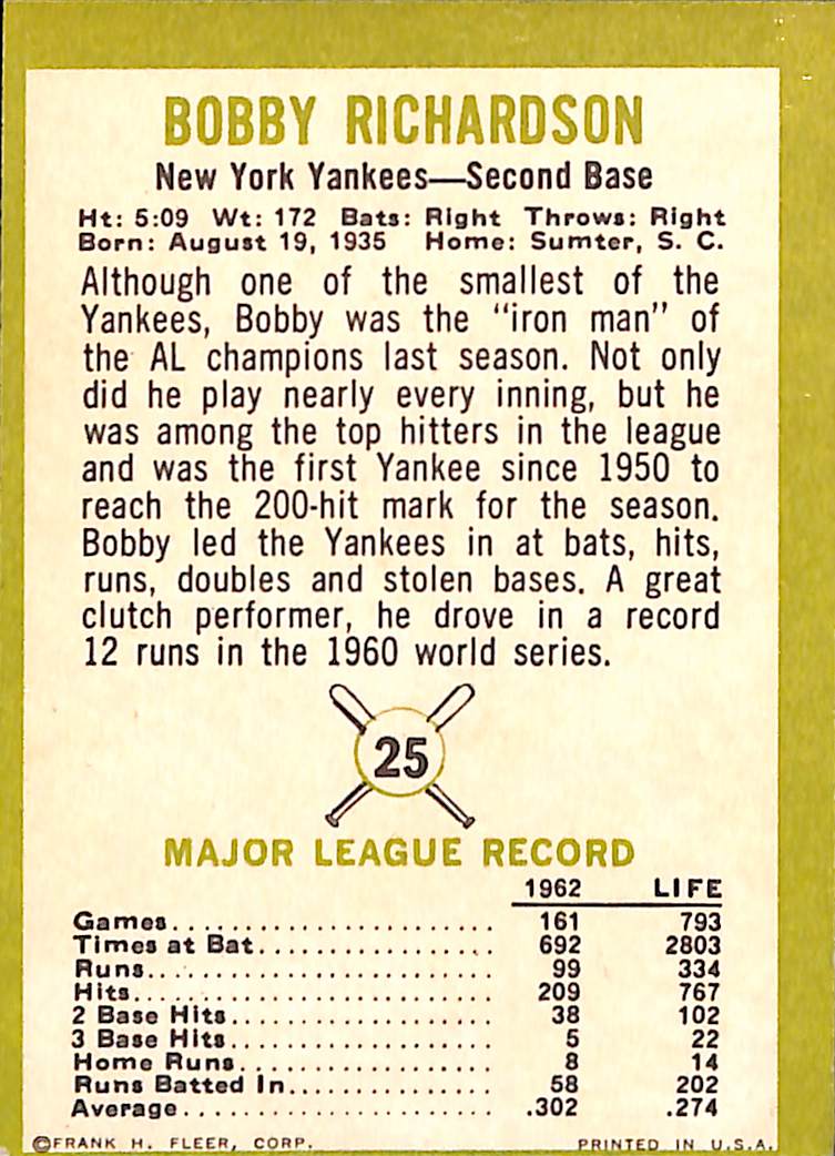 FIINR Baseball Card 1963 Fleer Bobby Richardson Vintage Baseball Card #25 - Mint Condition