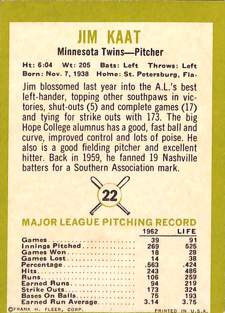 FIINR Baseball Card 1963 Fleer Jim Kaat Vintage Baseball Card #22 - Mint Condition
