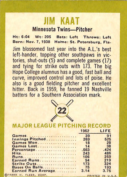FIINR Baseball Card 1963 Fleer Jim Kaat Vintage Baseball Card #22 - Mint Condition