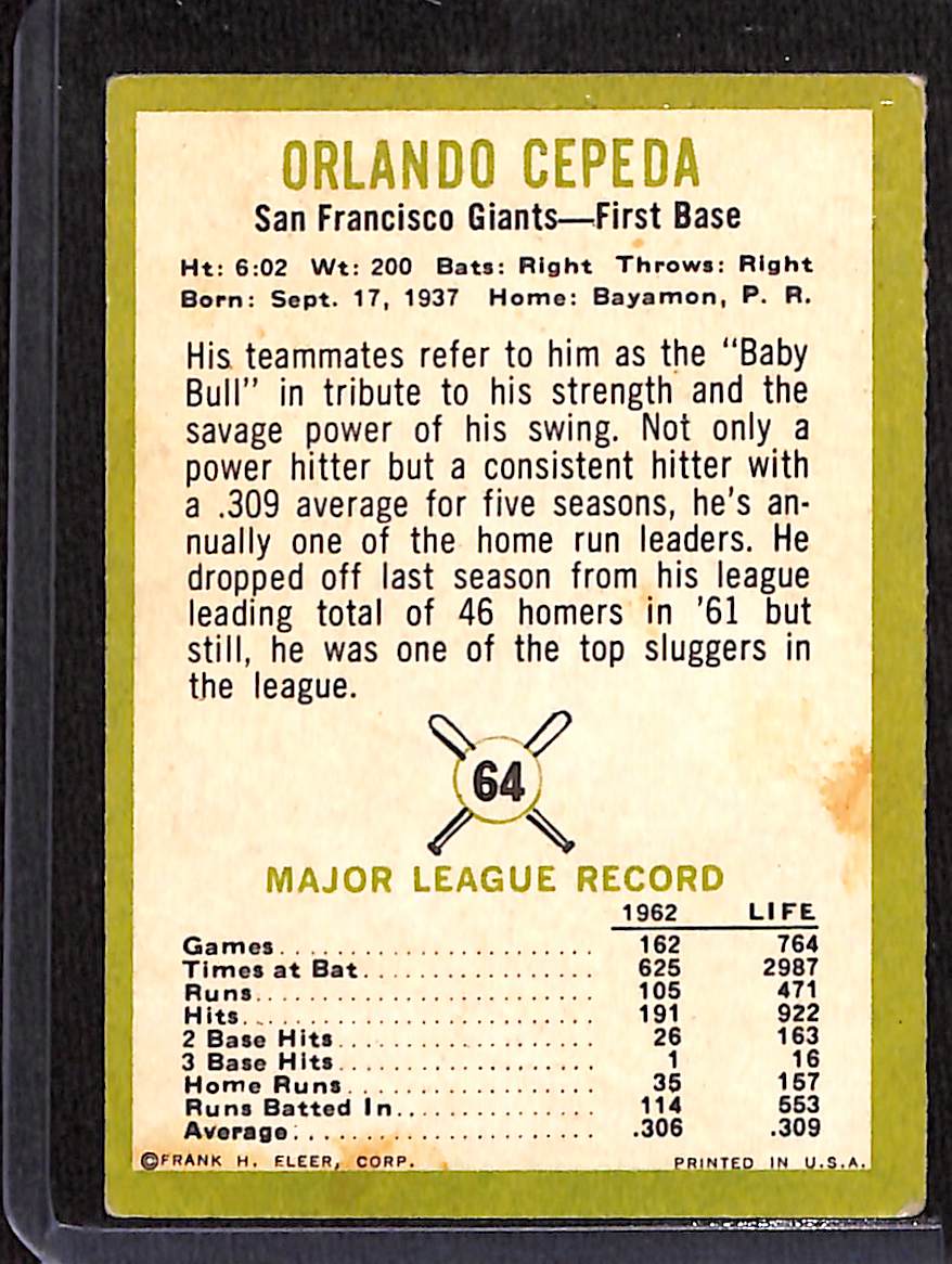 FIINR Baseball Card 1963 Fleer Orlando Cepeda Vintage Baseball Card #64 - Good Condition