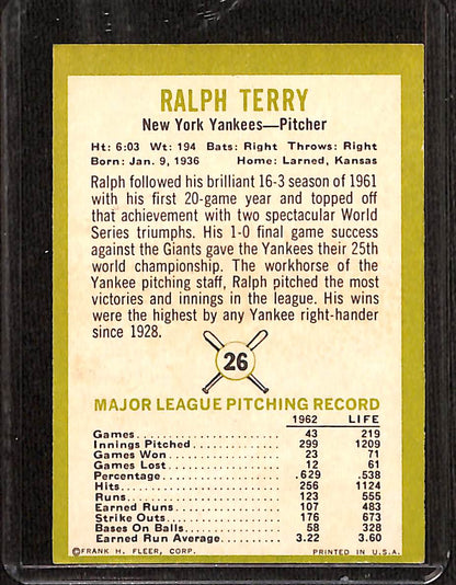 FIINR Baseball Card 1963 Fleer Ralph Terry Vintage Baseball Card #26 - Mint Condition