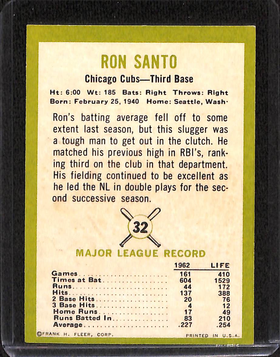 FIINR Baseball Card 1963 Fleer Ron Santo Vintage Baseball Card #32 - Mint Condition