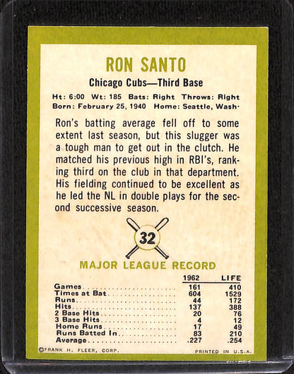 FIINR Baseball Card 1963 Fleer Ron Santo Vintage Baseball Card #32 - Mint Condition