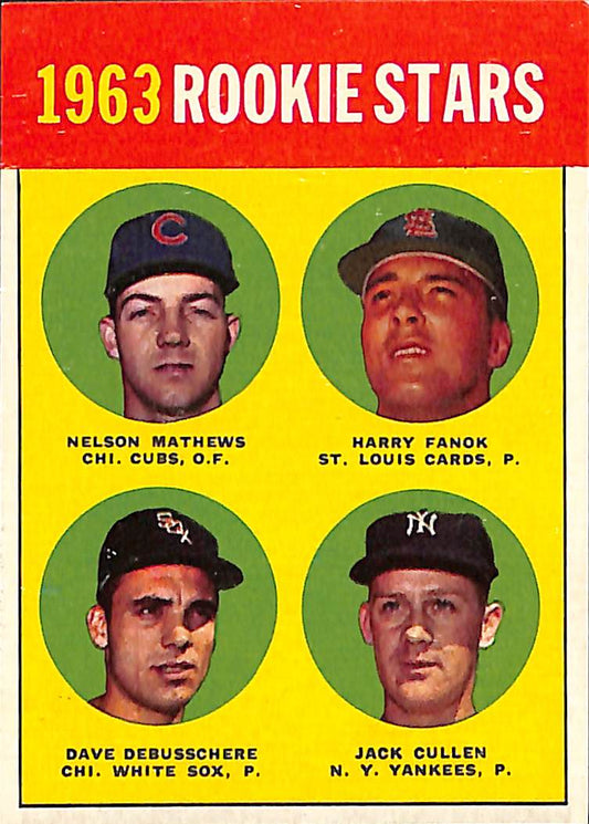 FIINR Baseball Card 1963 Rookie Stars Vintage Baseball Card - Nelson Mathews - Harry Fanok - Dave Debusschere - Jack Cullen  #54 - Mint Condition