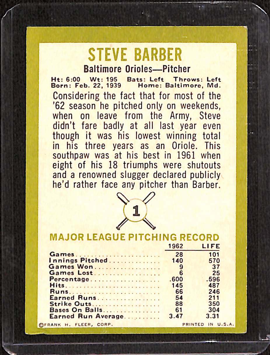 FIINR Baseball Card 1963 Steve Barber Vintage Baseball Card #1 - Mint Condition