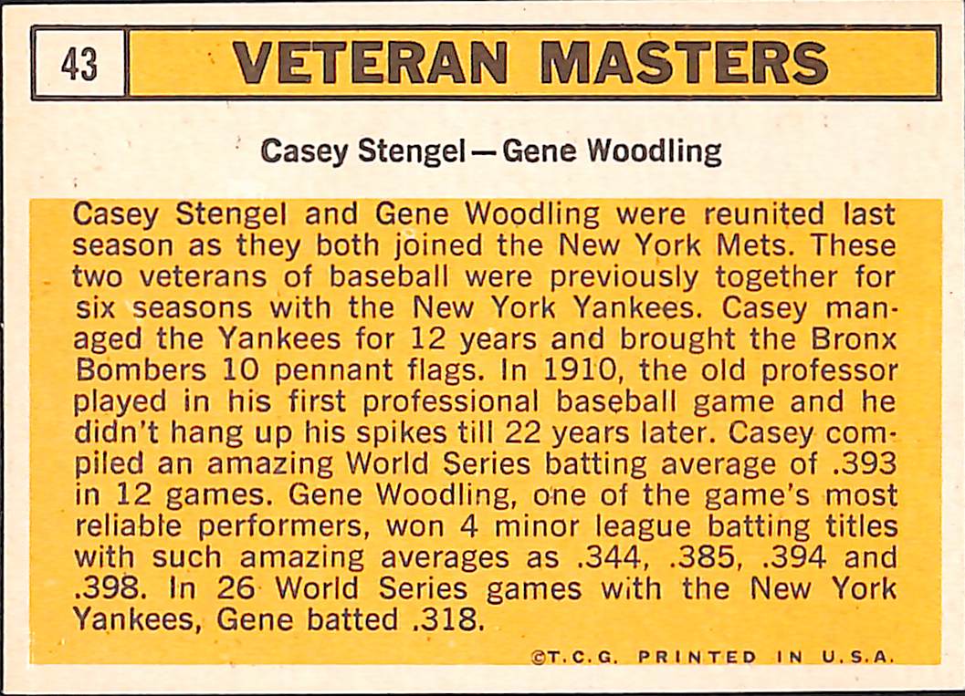FIINR Baseball Card 1963 Topps Veteran Masters Casey Stengel - Gene Woodling Vintage Baseball Card #43- Mint Condition