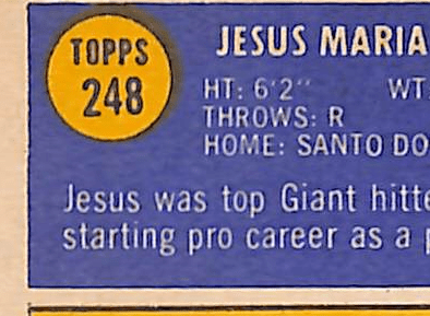 FIINR Baseball Card 1970 Topps Jesus Alou Vintage MLB Baseball Error Card #248 - Error Card - Mint Condition