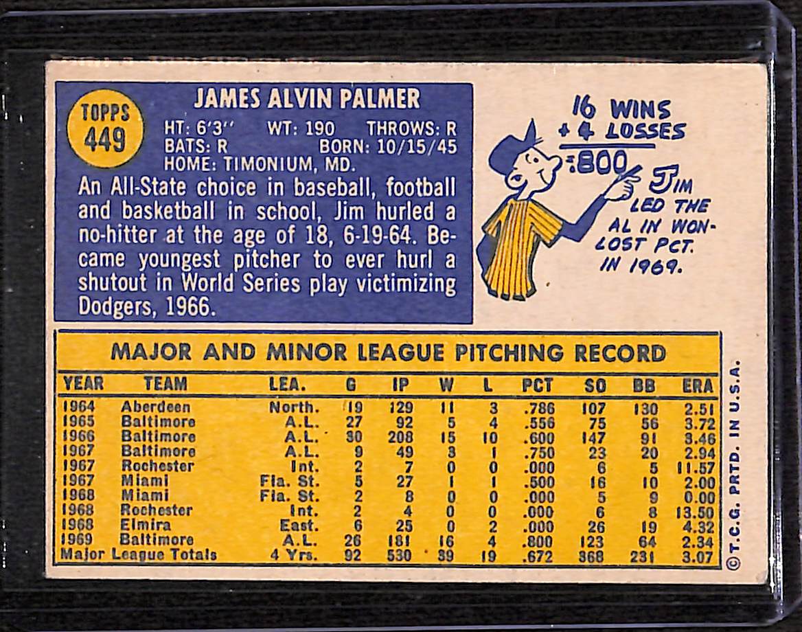 FIINR Baseball Card 1970 Topps Jim Palmer Vintage MLB Baseball Card #449 - Mint Condition