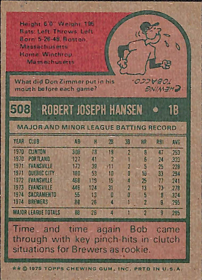 FIINR Baseball Card 1975 Topps Bob Hansen Vintage Baseball Card #508 - Pristine - Mint Condition