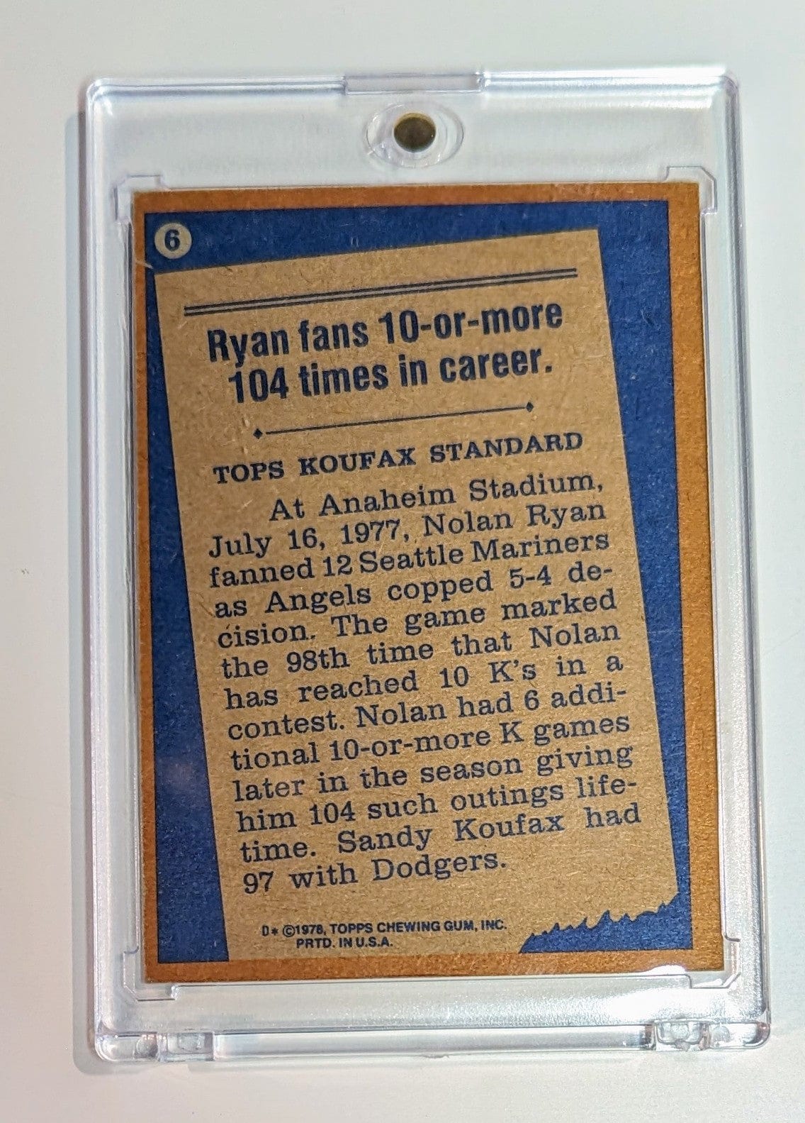 FIINR Baseball Card 1978 Topps Nolan Ryan Vintage Baseball Card #6 - Mint Condition - Tops Koufax Record