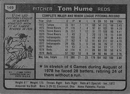FIINR Baseball Card 1980 Topps Tom Hume Vintage Baseball Card #149 - Mint Condition