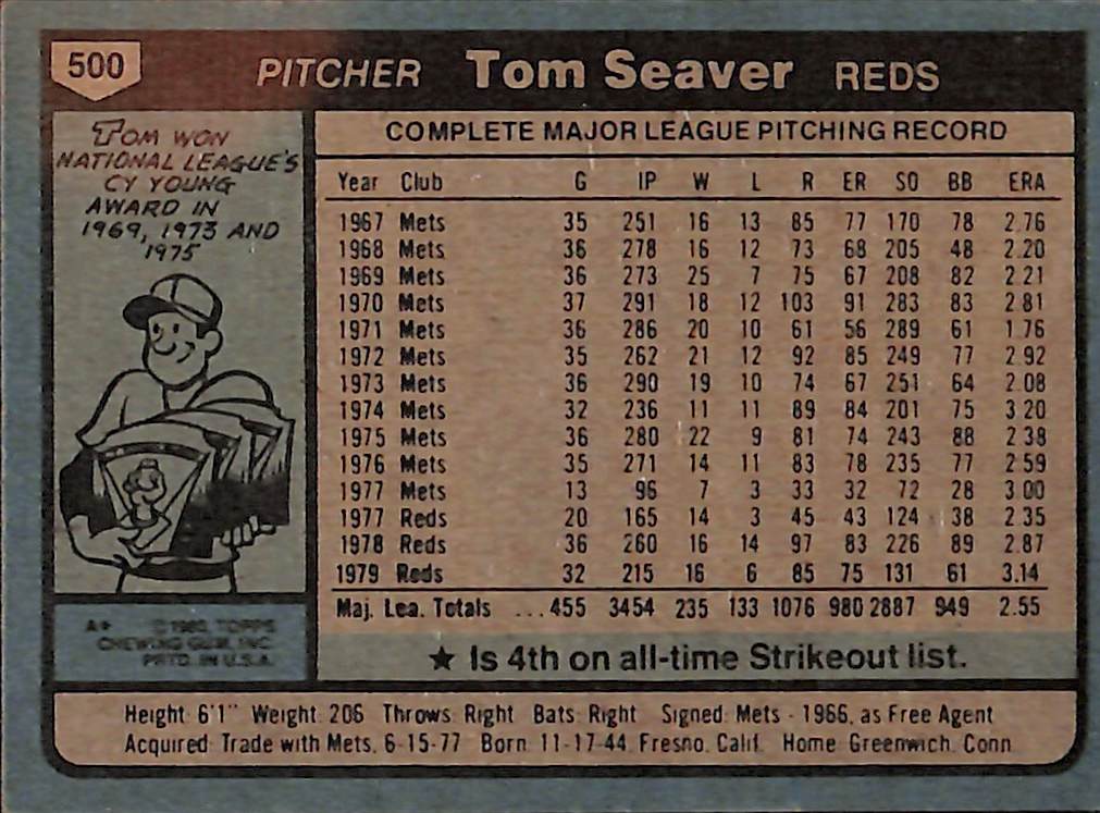 FIINR Baseball Card 1980 Topps Tom Seaver Baseball Card #500 - Mint Condition
