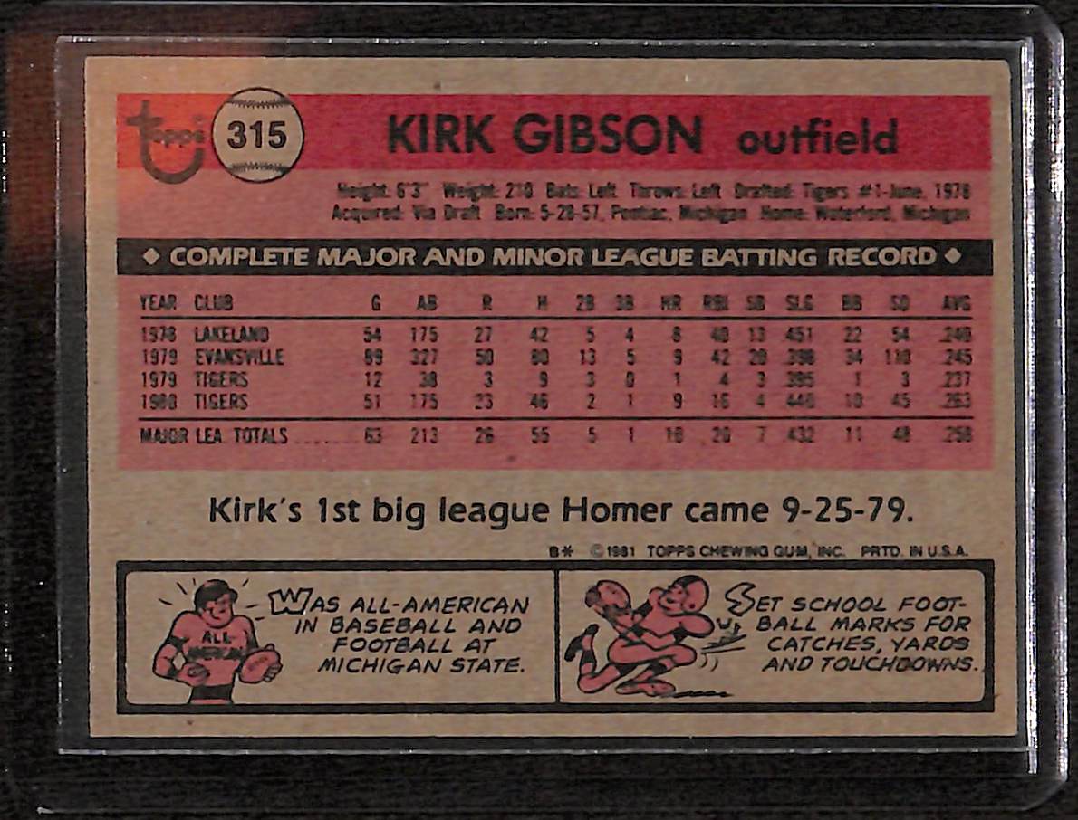 FIINR Baseball Card 1981 Topps Kirk Gibson Rookie MLB Baseball Card #315 - Rookie Card- Mint Condition