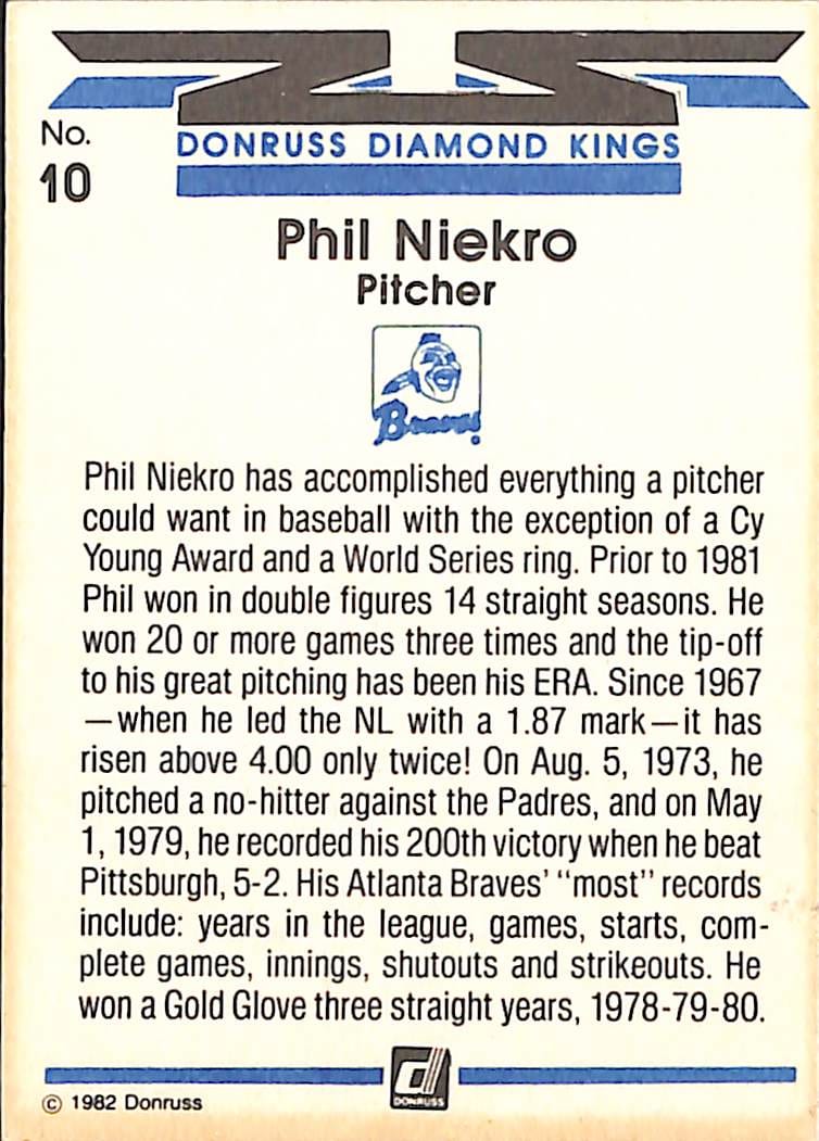 FIINR Baseball Card 1982 Donruss Phil Niekro Vintage MLB Baseball Card #10 - Mint Condition
