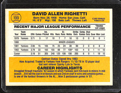 FIINR Baseball Card 1983 Donruss Dave Righetti Vintage MLB Baseball Card #199 - Mint Condition