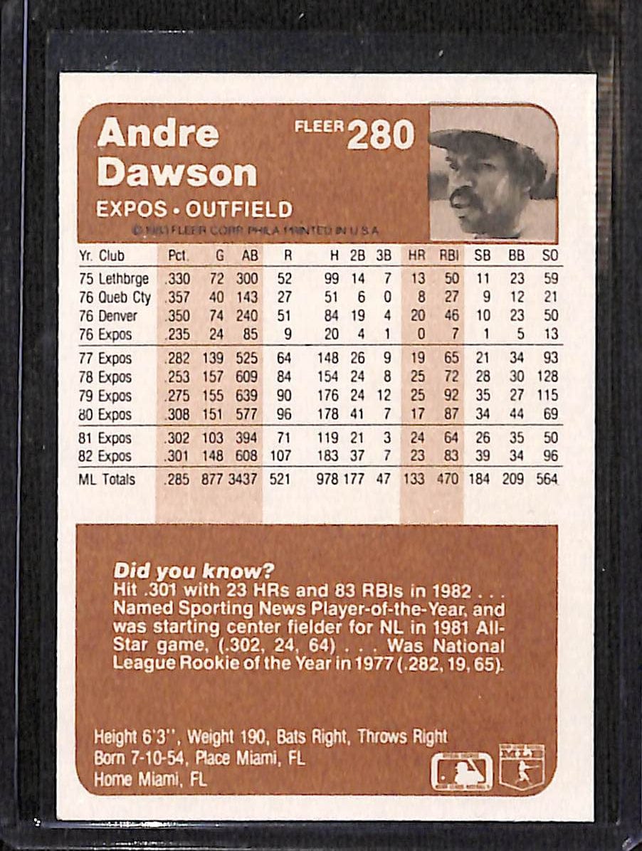 FIINR Baseball Card 1983 Fleer Andre Dawson Vintage Baseball Card #280 - Mint Condition