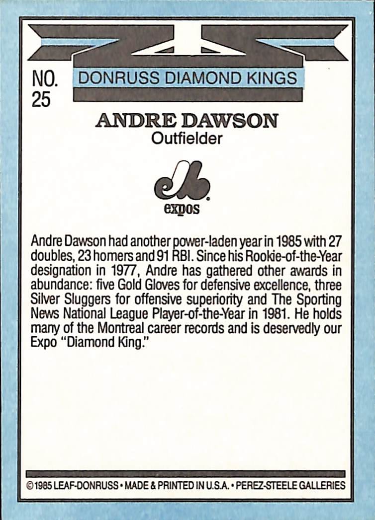 FIINR Baseball Card 1985 Donruss Diamond Kings Andre Dawson Vintage Baseball Card #25 - Mint Condition