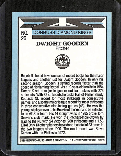 FIINR Baseball Card 1985 Donruss Diamond Kings Dwight "Doc" Gooden MLB Vintage Baseball Card #26 - Mint Condition