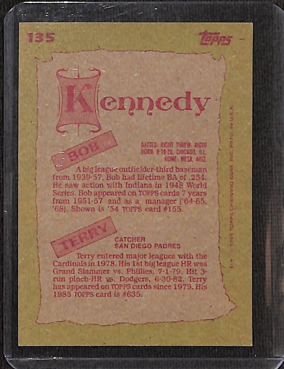 FIINR Baseball Card 1985 Topps Bob Kennedy and Terry Kennedy Baseball Card #135 - Mint Condition