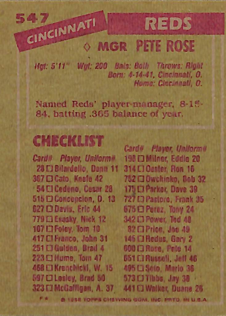 FIINR Baseball Card 1985 Topps Vintage Pete Rose Baseball Card #547 - Mint Condition - Error Cut Odd