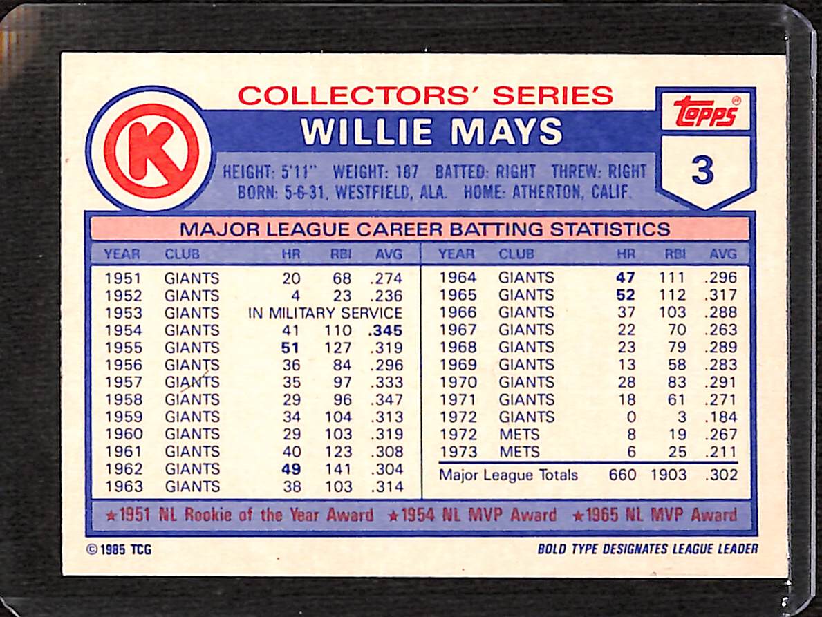 FIINR Baseball Card 1985 Topps Willy Mays Vintage Baseball Card #3 - Mint Condition