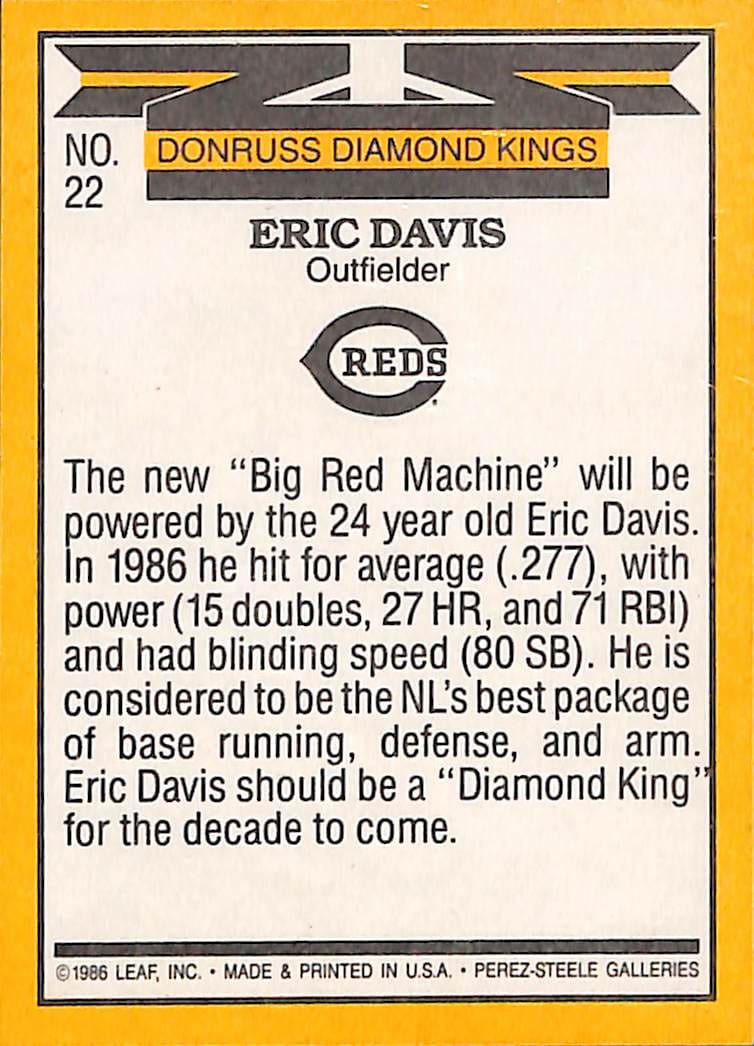 FIINR Baseball Card 1986 Donruss Diamond Kings Eric Davis Vintage MLB Baseball Card #22 - Mint Condition