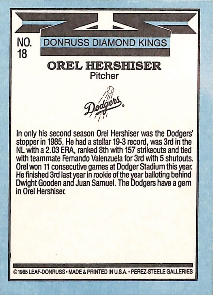 FIINR Baseball Card 1986 Donruss Diamond Kings Orel Hershiser Vintage Baseball Card #18 - Mint Condition