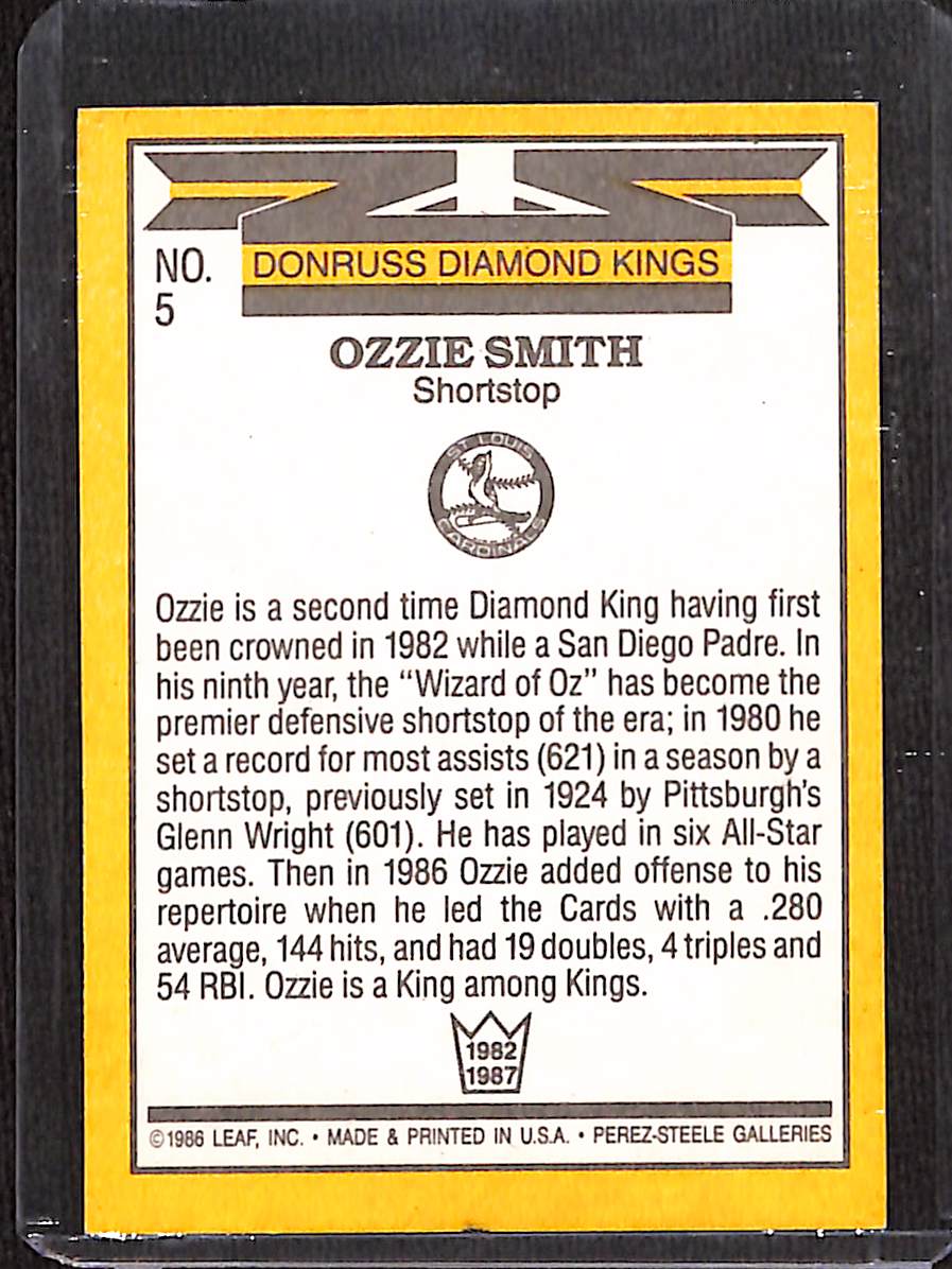 FIINR Baseball Card 1986 Donruss Diamond Kings Ozzie Smith MLB Vintage Baseball Card #5 - Mint Condition