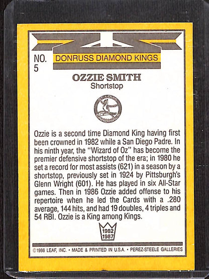 FIINR Baseball Card 1986 Donruss Diamond Kings Ozzie Smith MLB Vintage Baseball Card #5 - Mint Condition