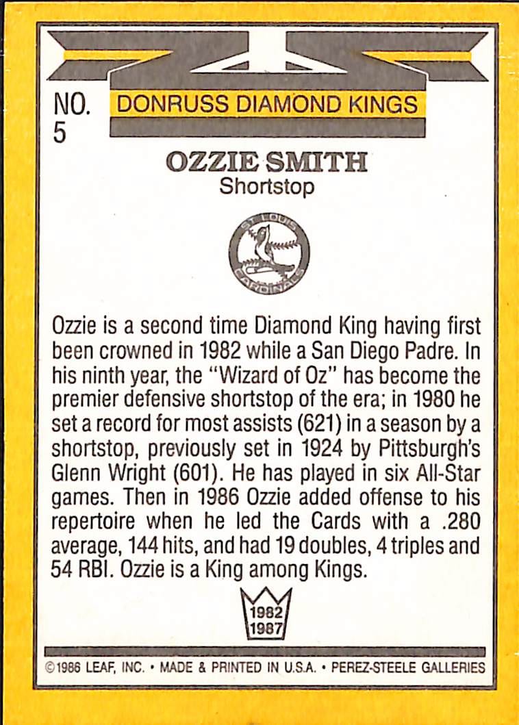 FIINR Baseball Card 1986 Donruss Diamond Kings Ozzie Smith MLB Vintage Baseball Card #5 - Mint Condition