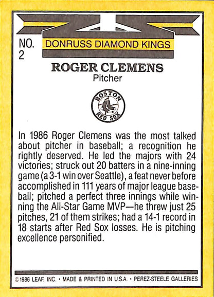 FIINR Baseball Card 1986 Donruss Diamond Kings Roger Clemens Baseball Card #2 - Mint Condition
