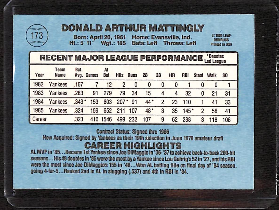 FIINR Baseball Card 1986 Donruss Don Mattingly Vintage Baseball Card #173 - Mint Condition