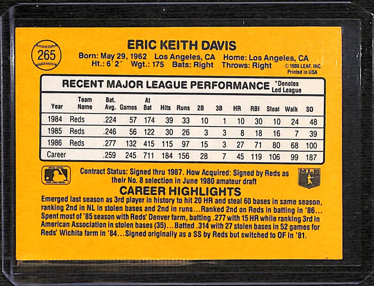 FIINR Baseball Card 1986 Donruss Eric Davis Vintage MLB Baseball Card #265 - Mint Condition