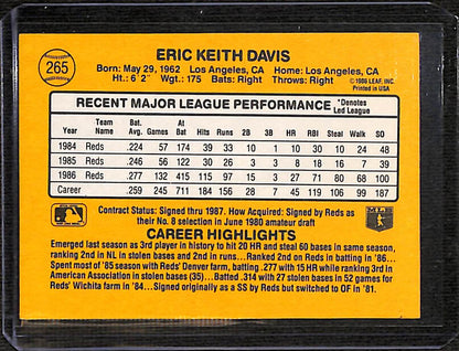 FIINR Baseball Card 1986 Donruss Eric Davis Vintage MLB Baseball Card #265 - Mint Condition