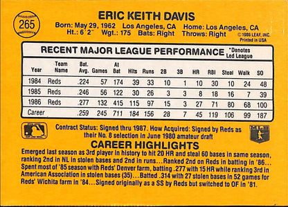 FIINR Baseball Card 1986 Donruss Eric Davis Vintage MLB Baseball Card #265 - Mint Condition