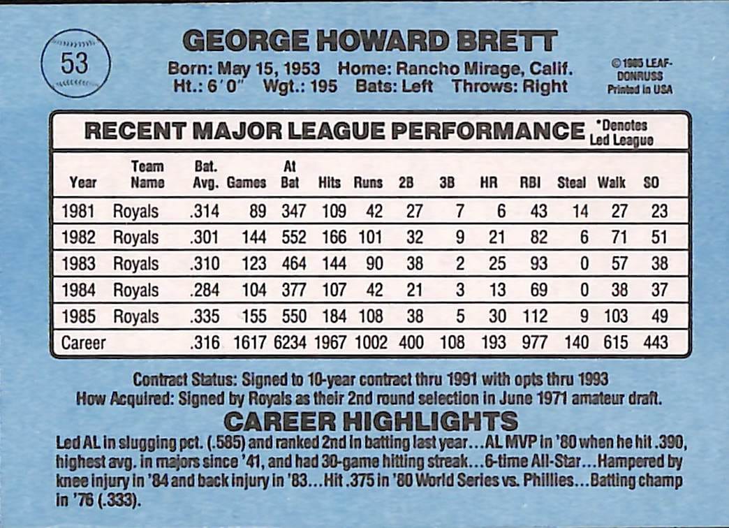 FIINR Baseball Card 1986 Donruss George Brett Vintage MLB Baseball Card #53 - Mint Condition