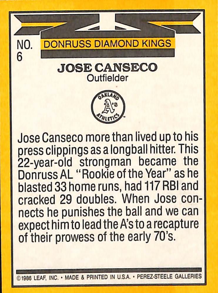 FIINR Baseball Card 1986 Donruss Jose Canseco Diamond Kings Baseball Card #6 - Mint Condition