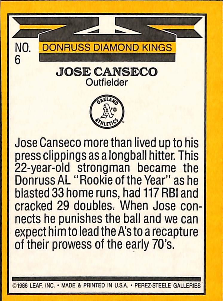 FIINR Baseball Card 1986 Donruss Jose Canseco Diamond Kings Baseball Error Card #6 - Miss Cut - Mint Condition