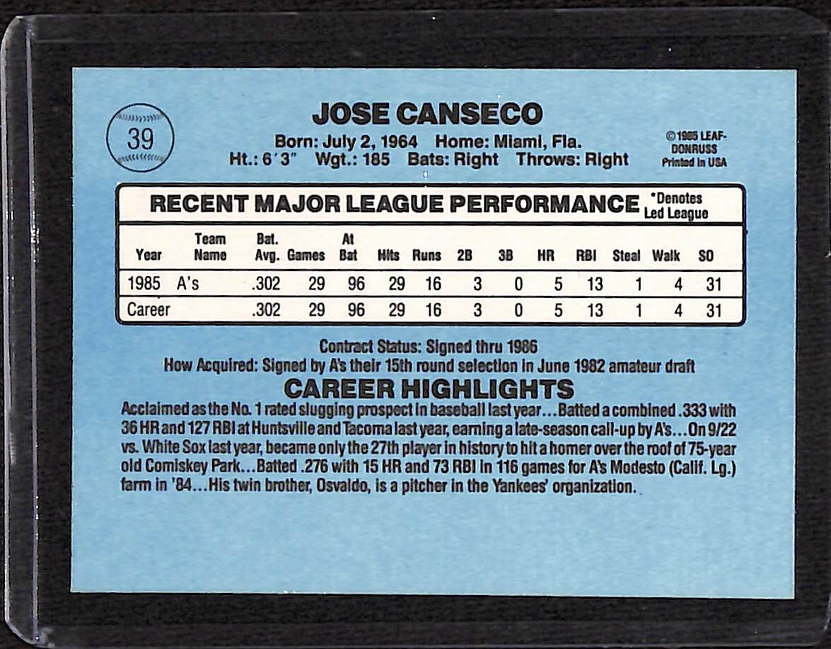 FIINR Baseball Card 1986 Donruss Jose Canseco Rookie MLB Baseball Card #39 - Rookie Cards Mint Condition