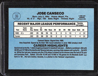 FIINR Baseball Card 1986 Donruss Jose Canseco Rookie MLB Baseball Card #39 - Rookie Cards Mint Condition