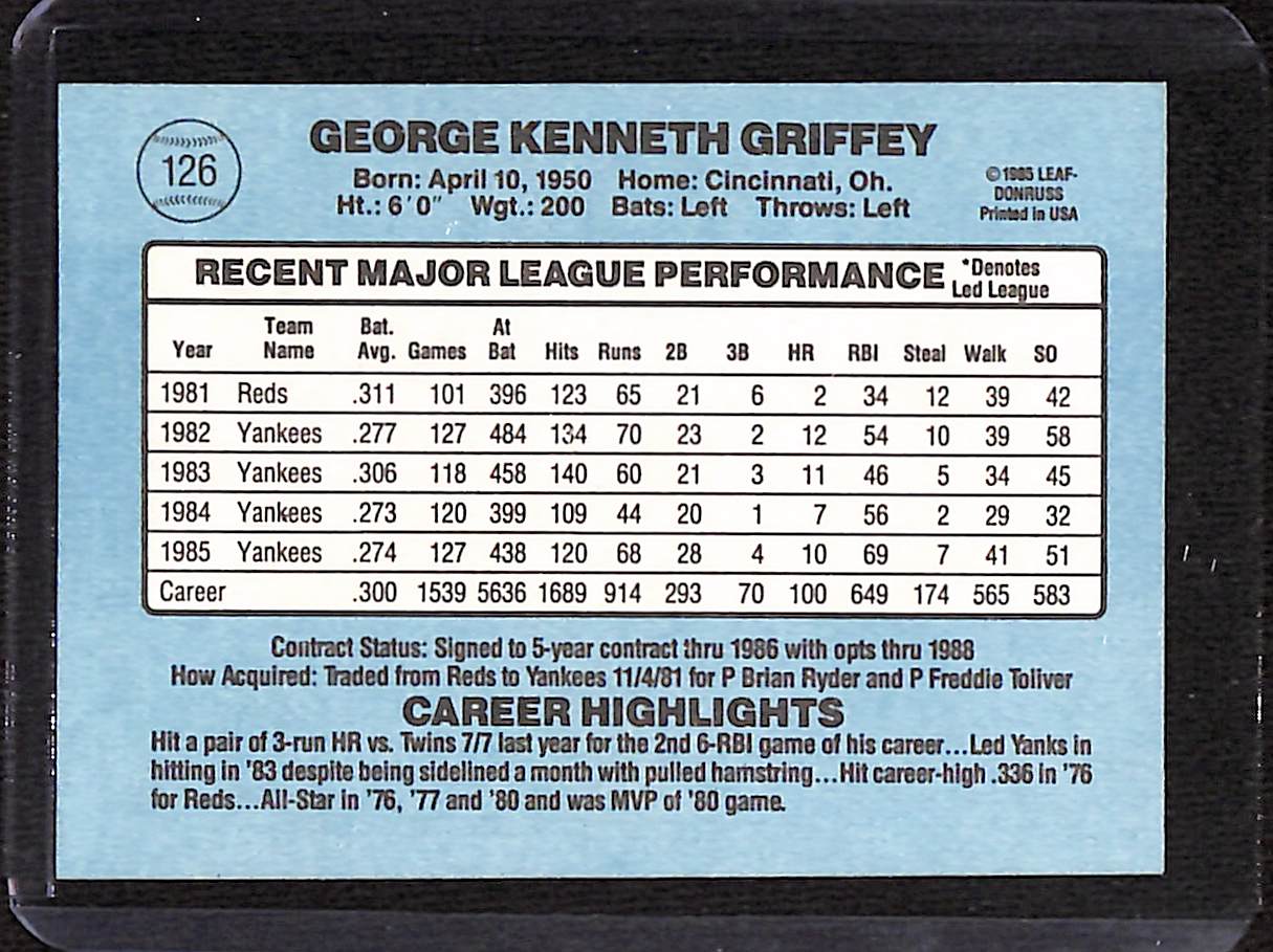 FIINR Baseball Card 1986 Donruss Ken Griffey Sr. Vintage Baseball Card #126 - Mint Condition