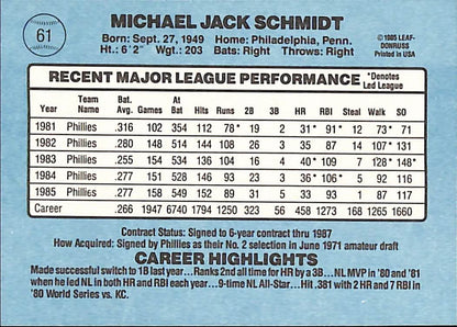 FIINR Baseball Card 1986 Donruss Mike Schmidt Vintage Baseball Card #61 - Mint Condition